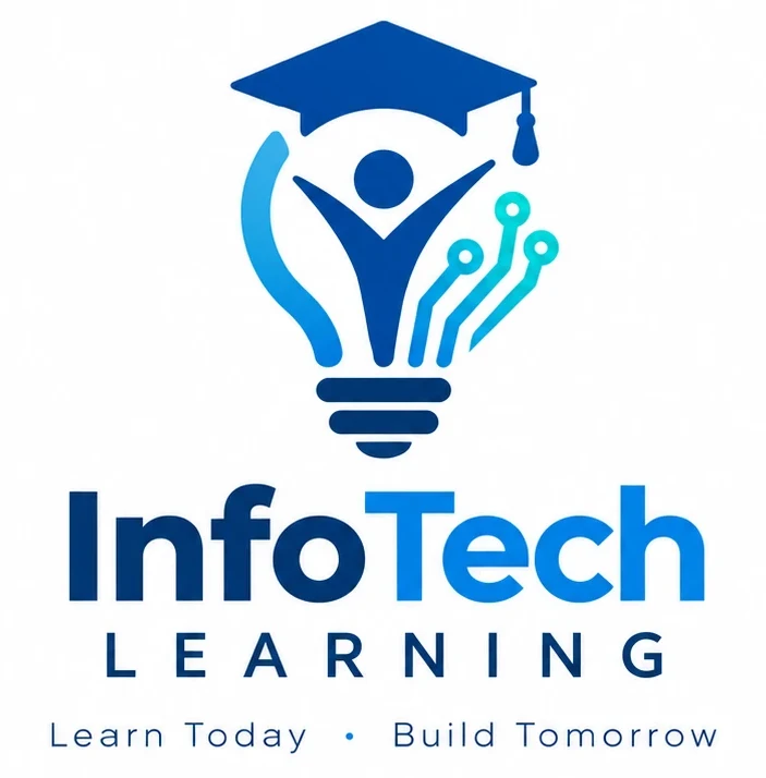 InfoTech Learning lockup: a learner inside a lightbulb wearing a graduation cap. Learn today, build tomorrow.